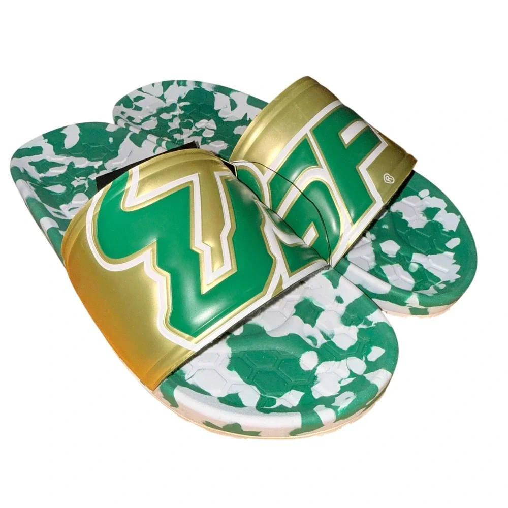 NEW Hype Co USF Slyder Sandals Mens 9 / Womens 11 Slides Bulls Green Gold Marble